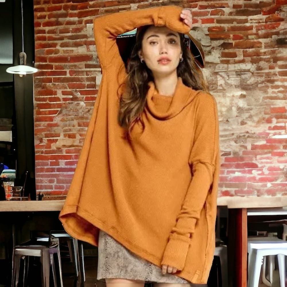 FREE PEOPLE NEW JUICY LONG SLEEVE WAFFLE KNIT OVERSIZED THERMAL CANYON MOON